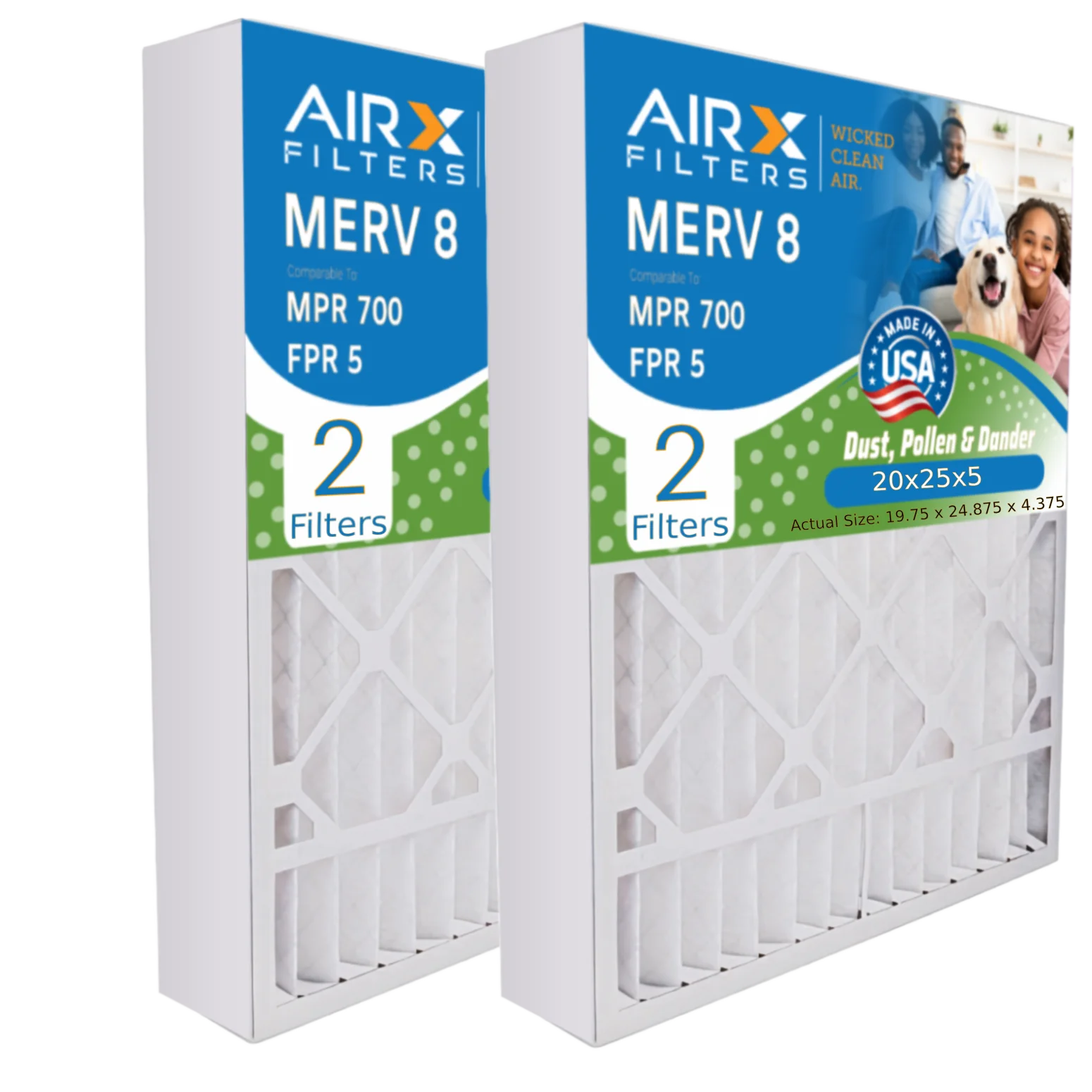 20x25x5 Air Filter MERV 8 Comparable to MPR 700 & FPR 5 Compatible with Honeywell FC100A1037 Replacement Filter 2 Pack by AIRX FILTERSize WICKED CLEAN AIR.