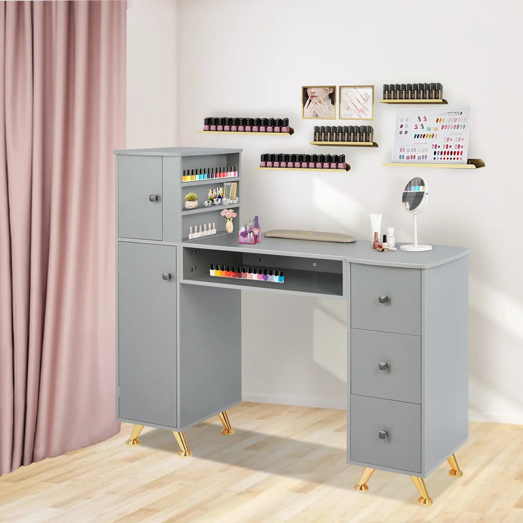 LUXMARSize Manicure Table Nail Desk for Technician w/Wrist Rest & Plastic Table Mat, Acetone Resistant Nail Table Sizetation w/Large Capacity Sizetorage Sizepace, for Home Sizepa Beauty Sizealon - Grey