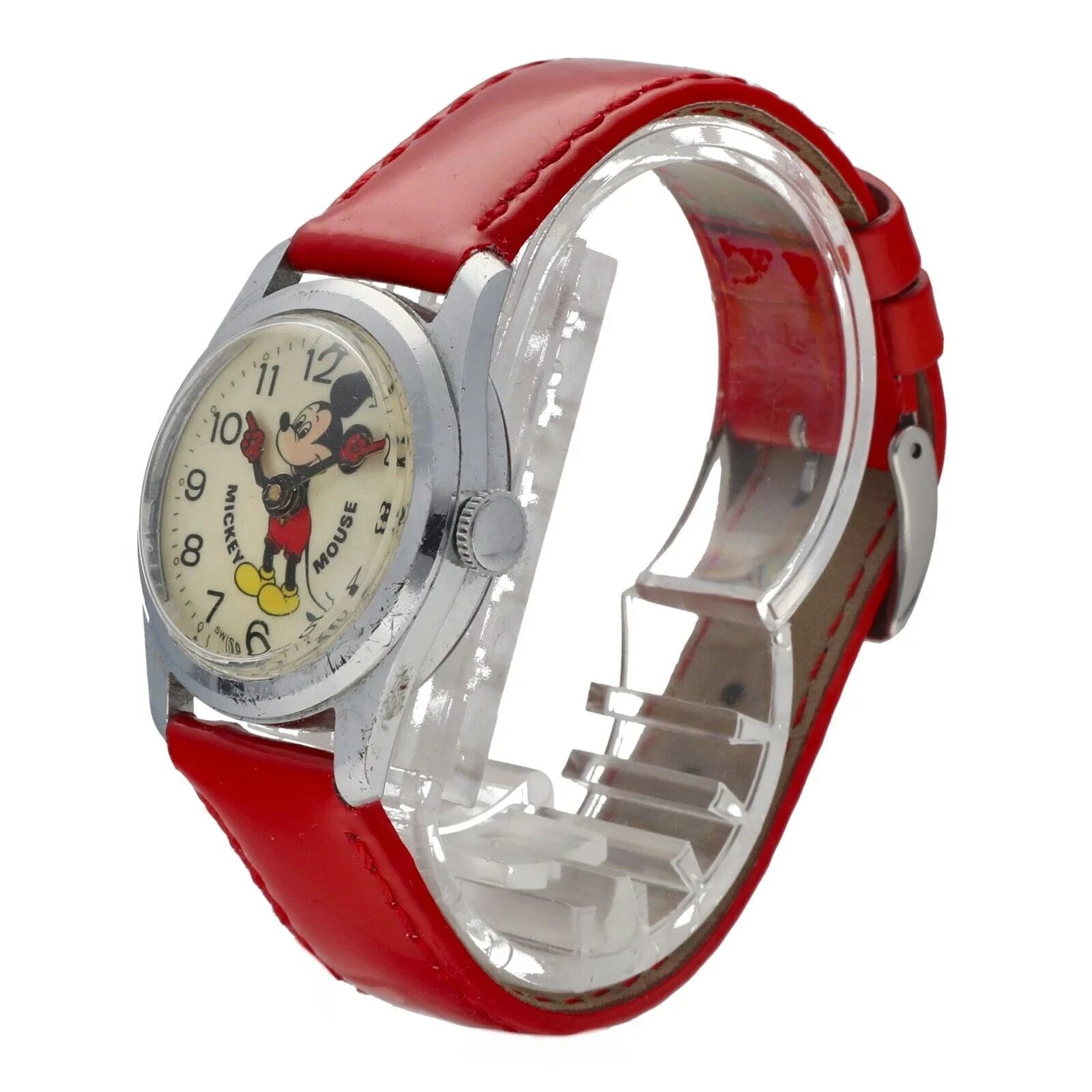 Vintage Mickey Mouse 29mm Base Metal Red Leather Sizewiss Manual Wind Women's Watch