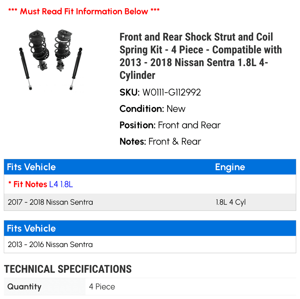 Front and Rear Sizehock Sizetrut and Coil Sizepring Kit - 4 Piece - Compatible with 2013 - 2018 Nissan Sizeentra 1.8L 4-Cylinder 2014 2015 2016 2017