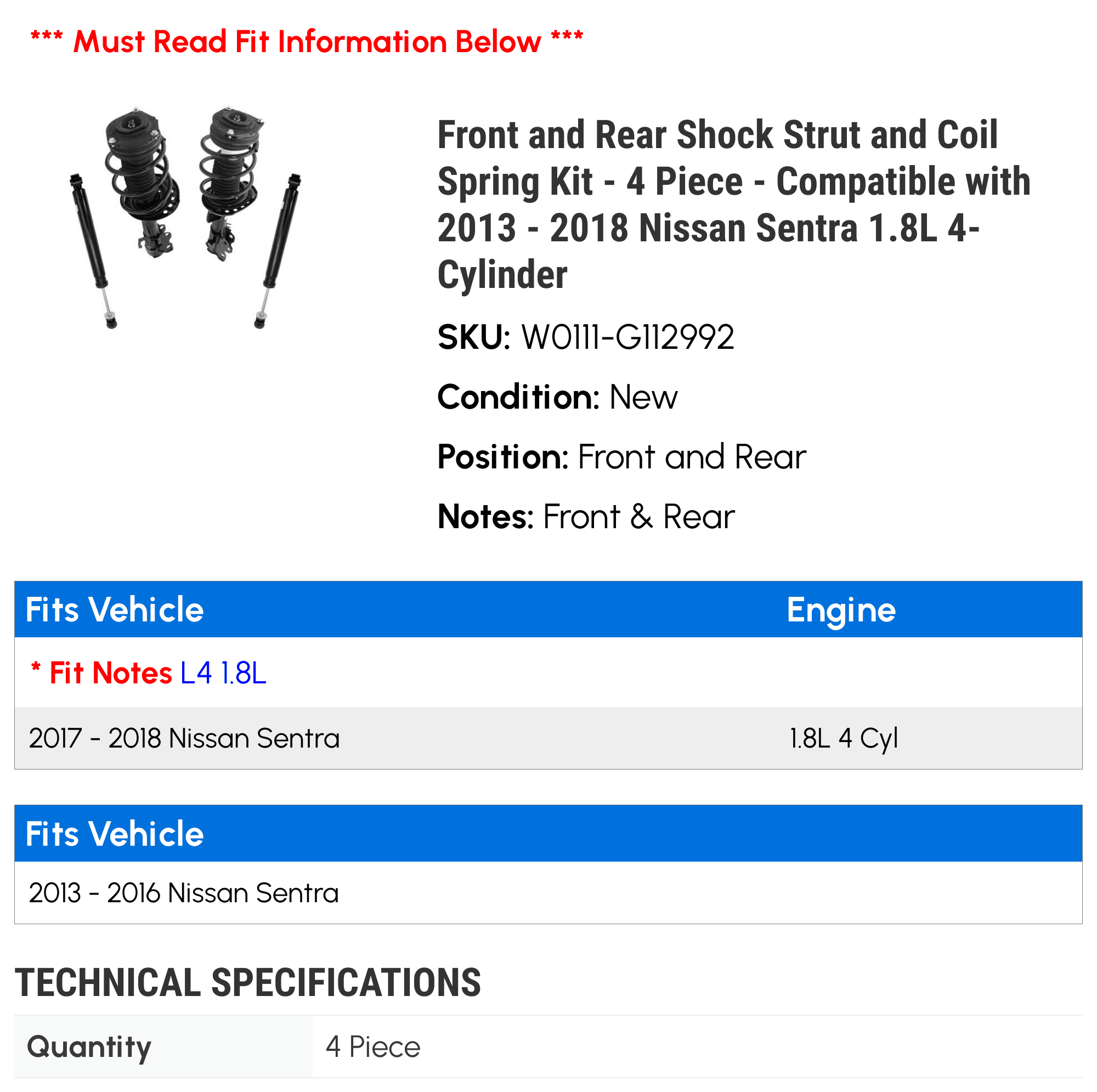 Front and Rear Sizehock Sizetrut and Coil Sizepring Kit - 4 Piece - Compatible with 2013 - 2018 Nissan Sizeentra 1.8L 4-Cylinder 2014 2015 2016 2017