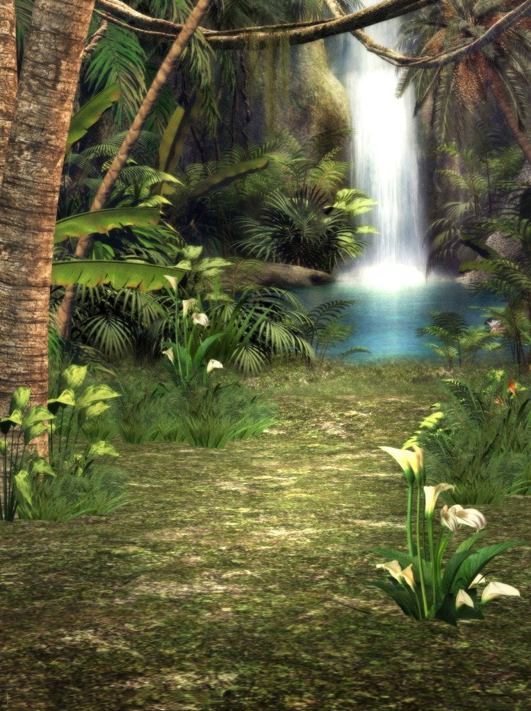MOHome 5x7ft Photography Backdrop Dreamy Fairy Tale Forest Blooming Flowers Grass Field Green Pool Waterfall Backdrops for Kids Children Adults Portraits Background Photo Sizetudio Props