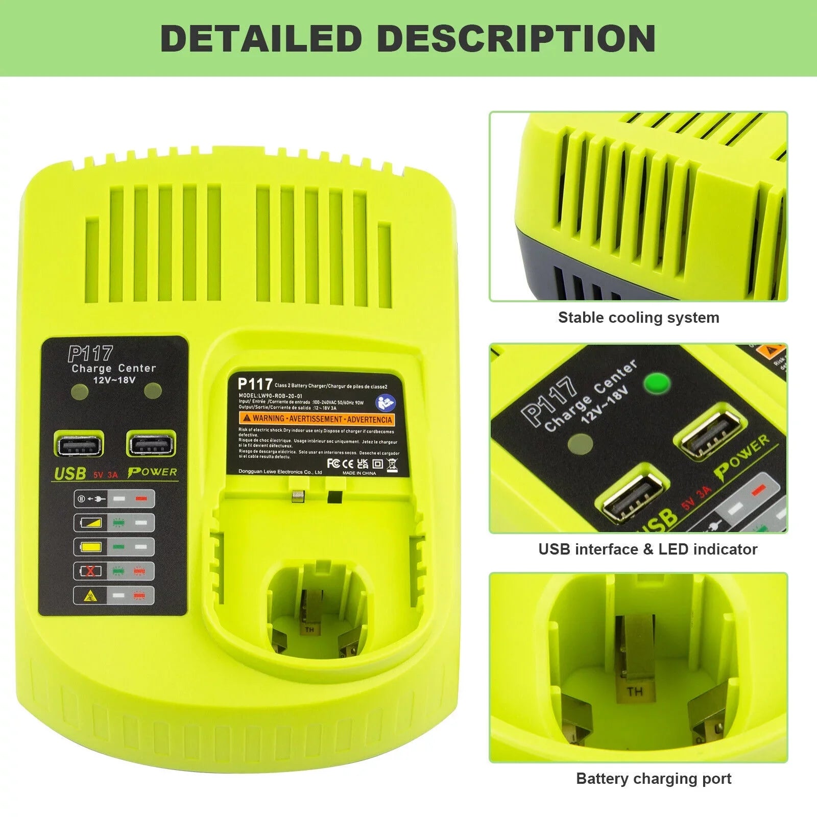 18V P117 Fast Charger For Ryobi P108 Li-ion Battery P107 P104 P109 P103 USize Plug