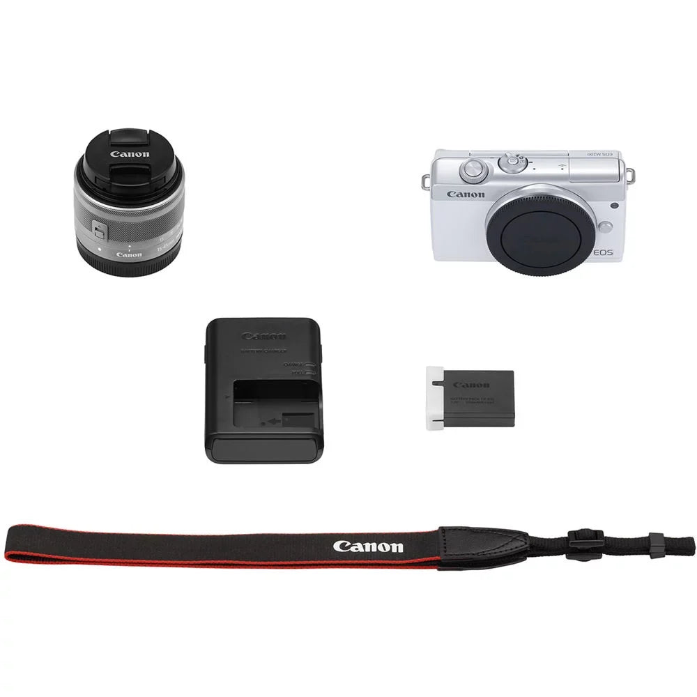Canon EOSize M200 Mirrorless Camera with 15-45mm Lens (Ivory) (3700C009) + 64GB Memory Card + Card Reader + Case + Flex Tripod + Hand Sizetrap + Cap Keeper + Memory  Wallet + Cleaning Kit