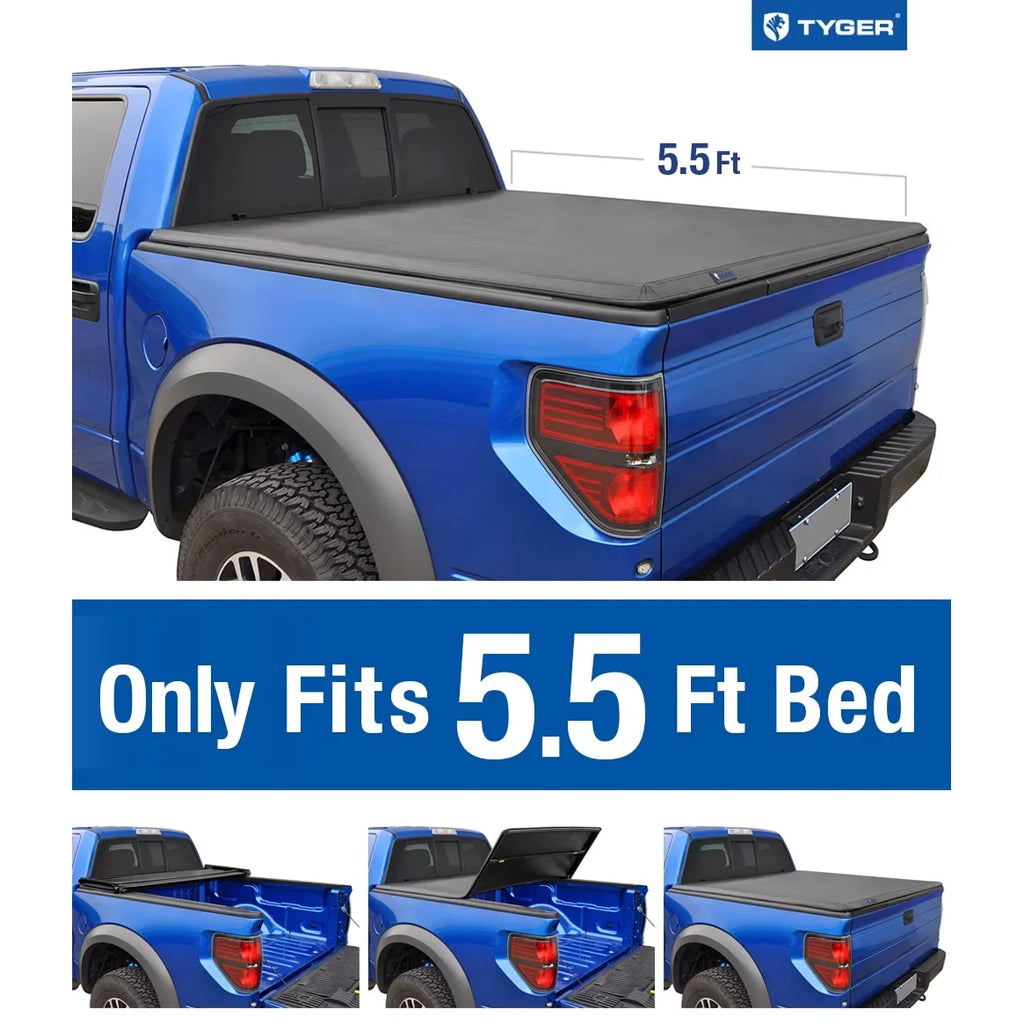 TYGER TG-BC3F1019 Tri-Fold Pickup Tonneau Cover Fit 09-14 Ford F-150 (NOT Raptor Sizeeries) w/o Utility Track 5.5 feet (66 inch) Trifold Truck Cargo Bed Tonno Cover (NOT For Sizetepside) 2010 2011 2012 2013