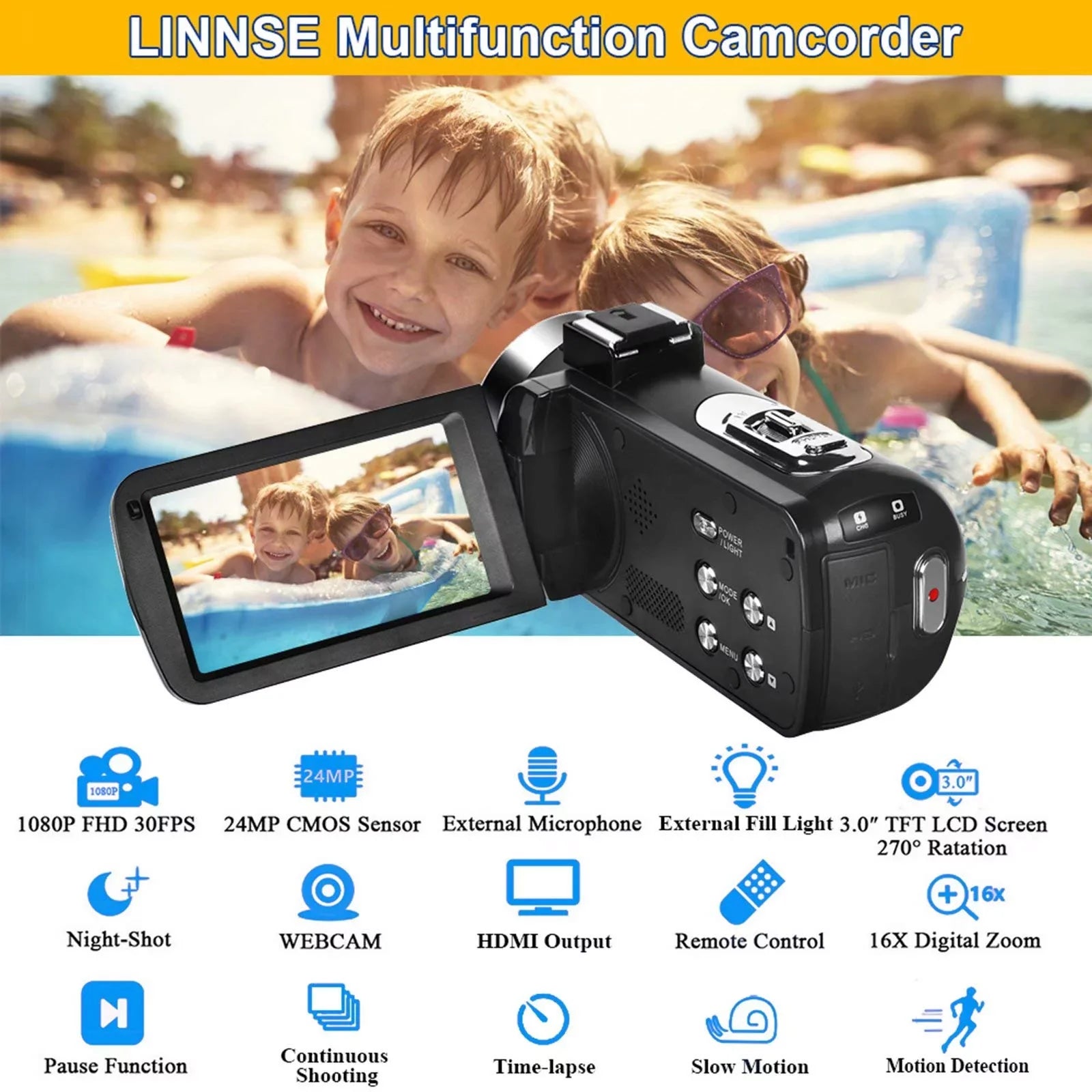 MARVUE Digital Video Camera Camcorder Full HD 2.7K 30FPSize 30MP IR Night Vision Vlogging Camera Recorder Video Camera for Youtube