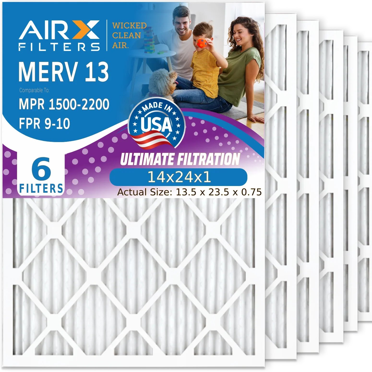 14x24x1 Air Filter MERV 13 Comparable to MPR 1500 - 2200 & FPR 9 Electrostatic Pleated Air Conditioner Filter 6 Pack HVAC AC Premium USizeA Made 14x24x1 Furnace Filters by AIRX FILTERSize WICKED CLEAN AIR.