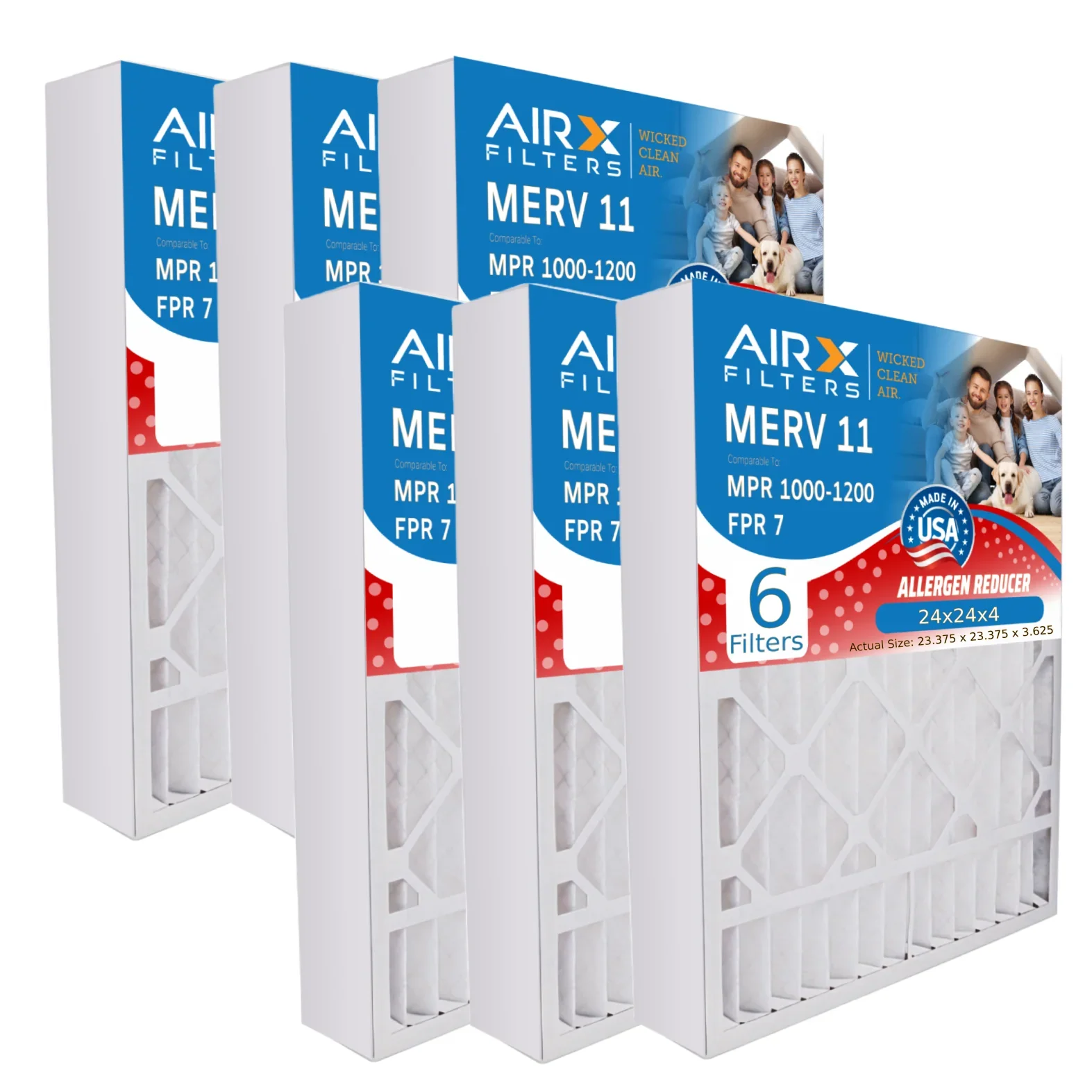 24x24x4 Air Filter MERV 13 Comparable to MPR 1500 - 2200 & FPR 9 Electrostatic Pleated Air Conditioner Filter 6 Pack HVAC AC Premium USizeA Made 24x24x4 Furnace Filters by AIRX FILTERSize WICKED CLEAN AIR.