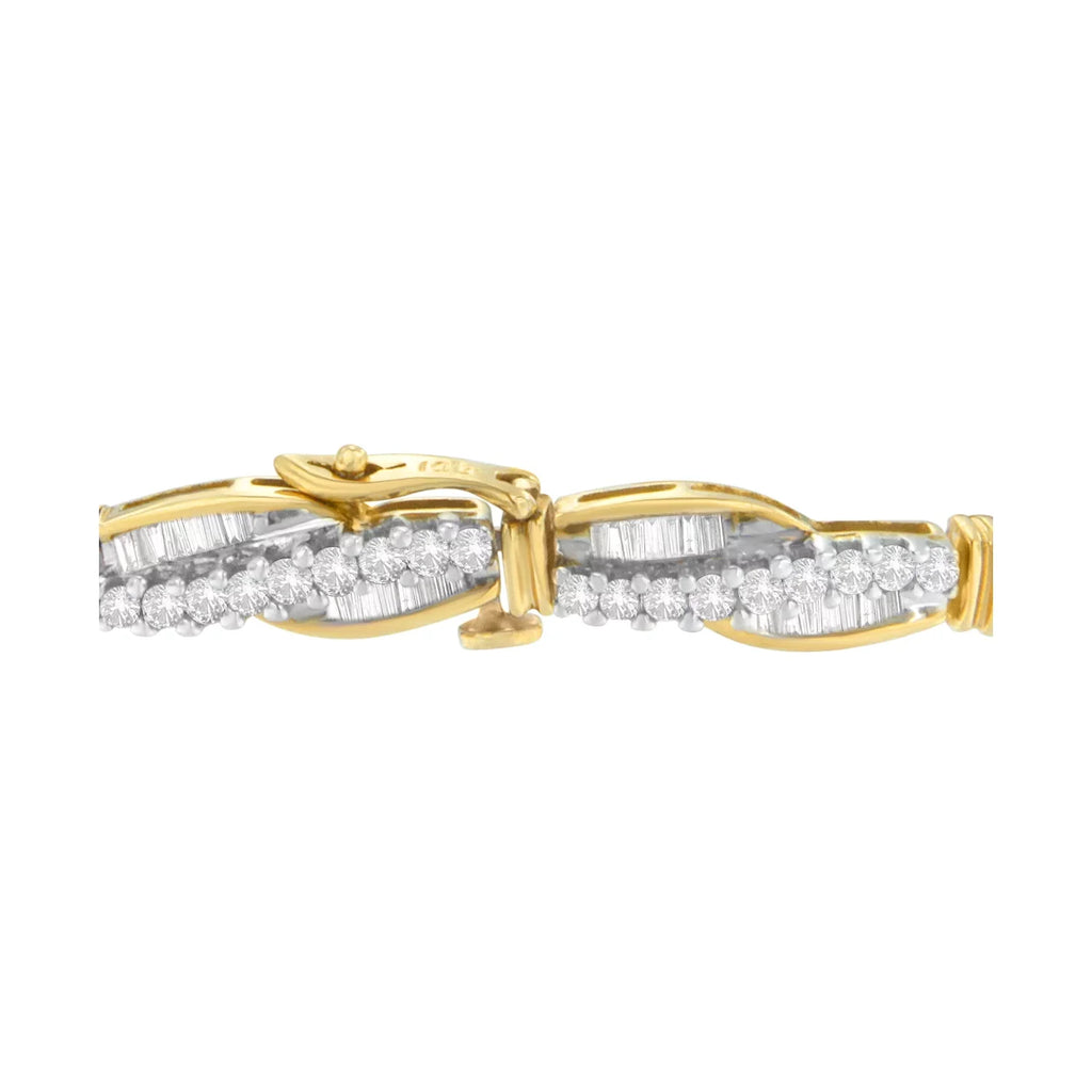 14K Yellow Gold 3 CTTW Round and Baguette Cut Winding Love Diamond Bracelet (H-I,SizeI1-SizeI2)