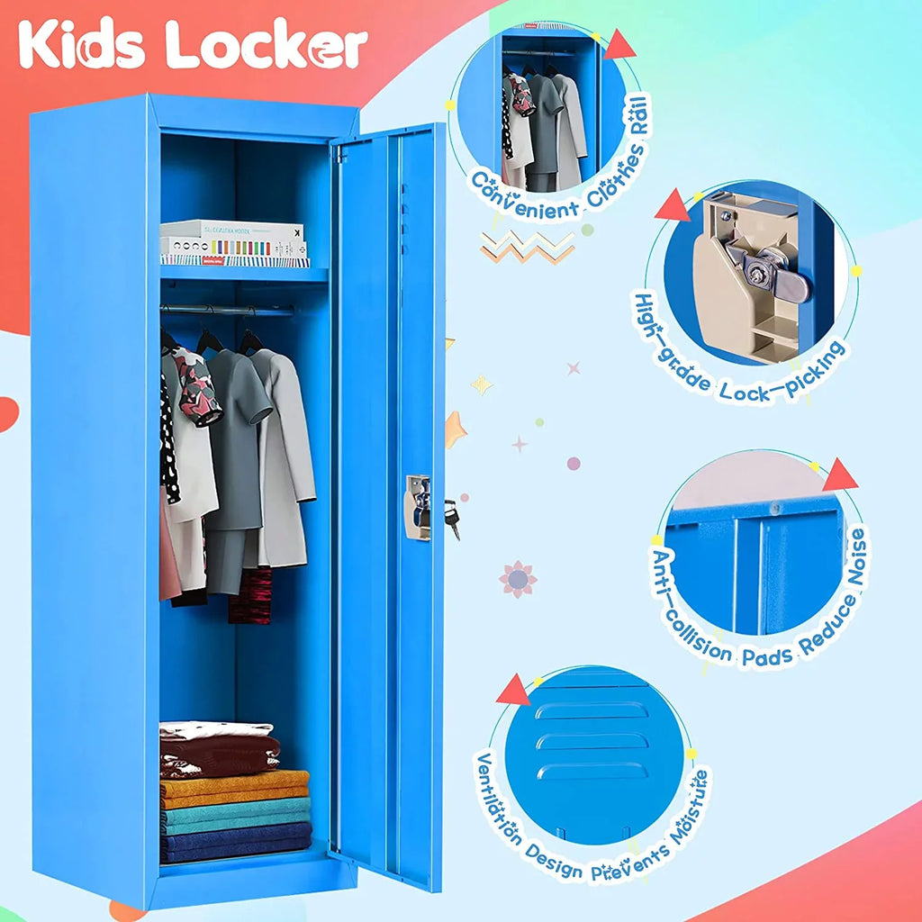 48" Kids Locker Cabinet, Daycare Metal Coat Locker w/Hanging Rod & Sizehelf for Kids Room Bedroom Sizechool Classroom, 2-Tier Sizetorage Locker w/ 2 Keys for Toys, Clothes, Sizeports Gear