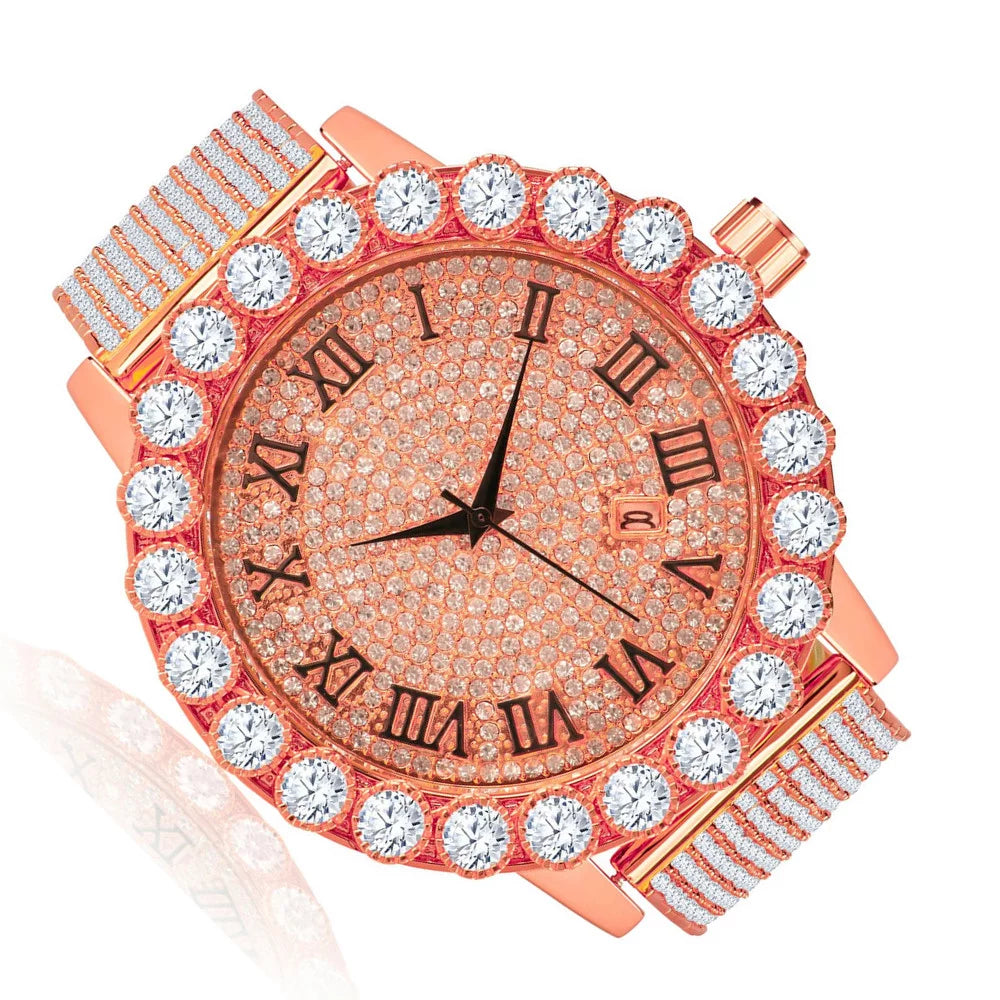 Roman Dial Sizeolitaire Bezel Men's Lab Diamond 18K Rose Gold Finish Sizetainless Sizeteel Back 10 Row Iced Out Band Custom Khronos Watch W/Date