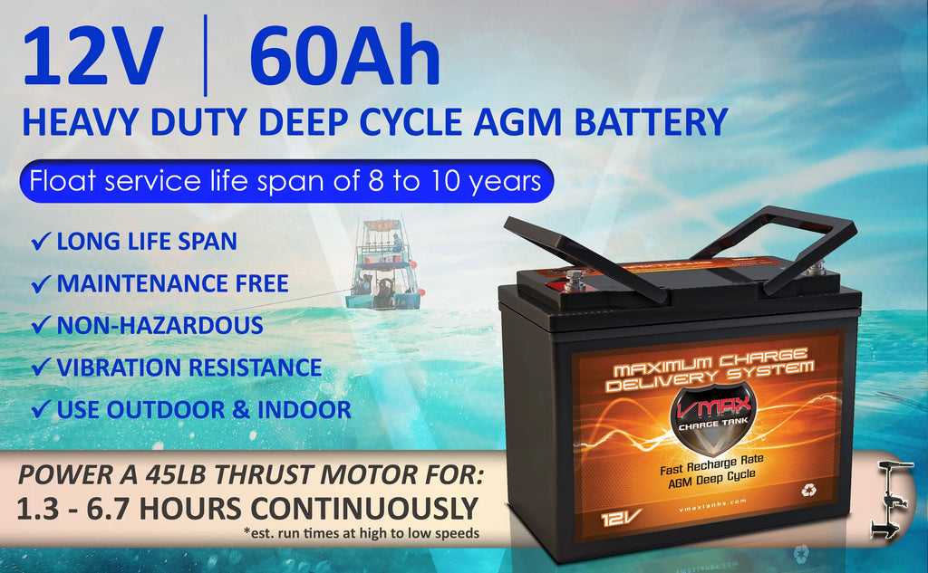 VMAX MR96-60 12V 60Ah AGM Deep Cycle Marine Battery for Minn Kota Endura Max 40 Hand Control - 12V-40lb Trolling Motor