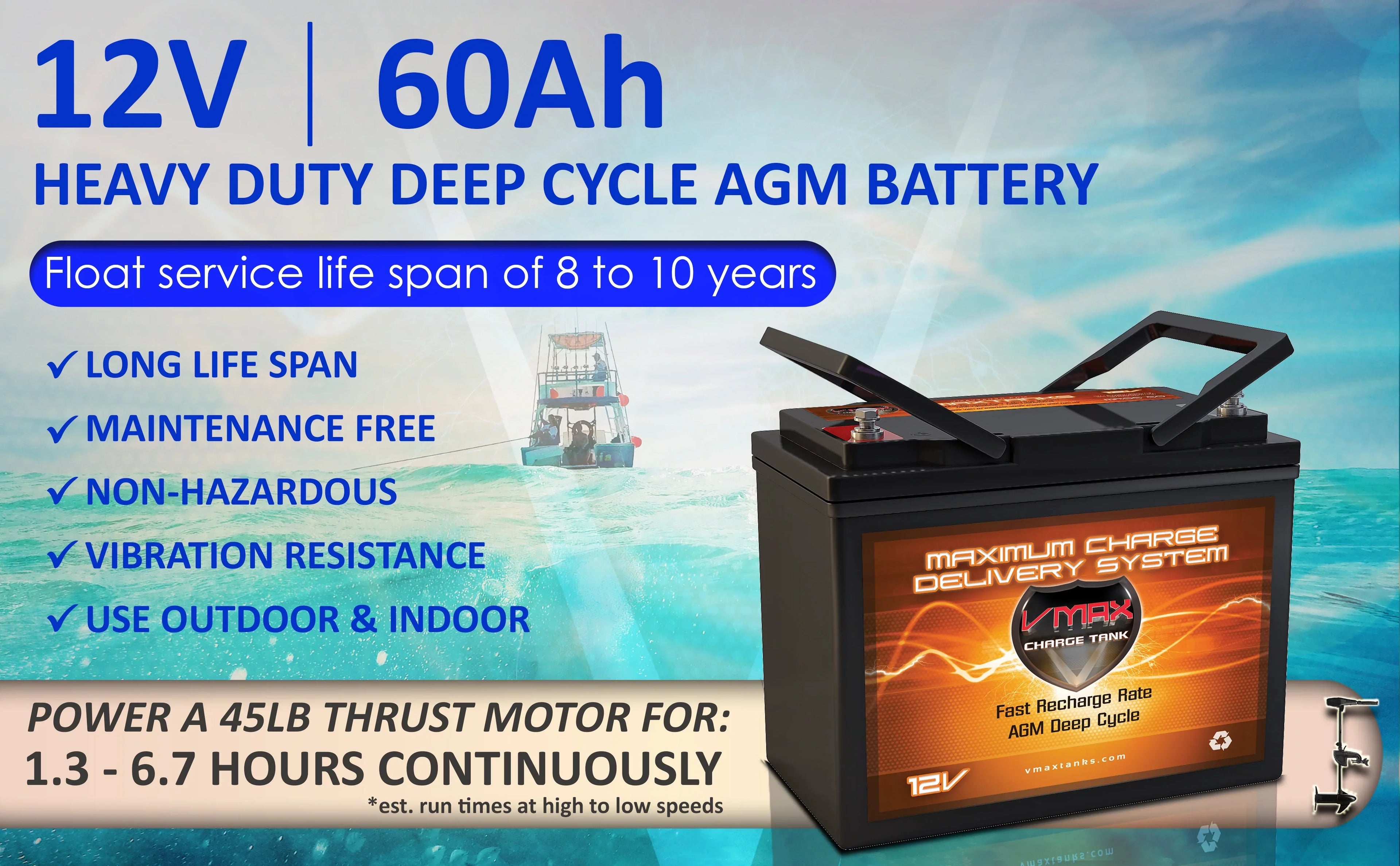 VMAX MR96-60 12V 60Ah AGM Deep Cycle Marine Battery for Minn Kota Endura Max 40 Hand Control - 12V-40lb Trolling Motor