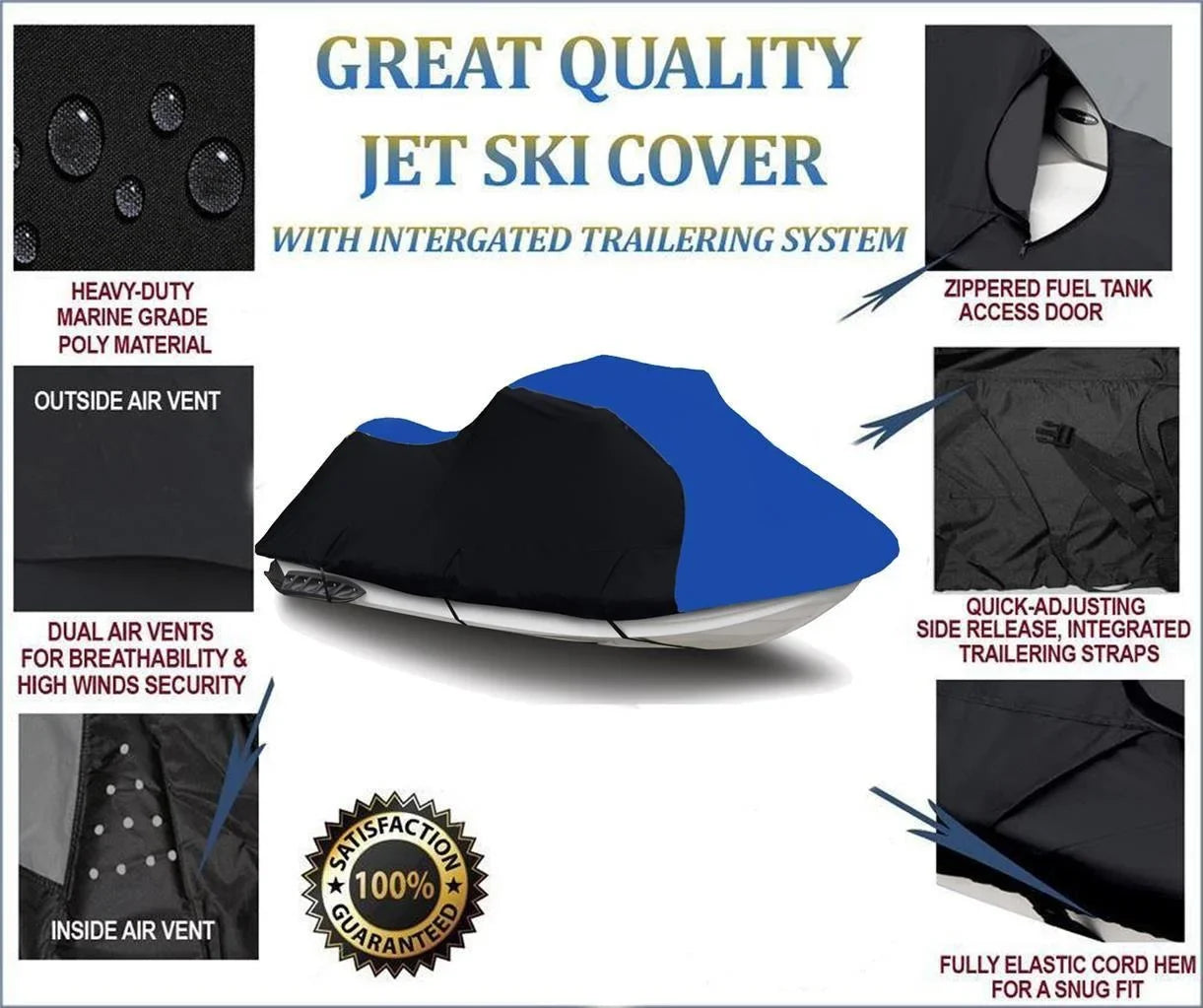 BLACK / BLUE HEAVY-DUTY, 600 DENIER Cover Compatible for Kawasaki Ultra LX 2007 2008 2009 2010 2011 2012 2013 2014 2015 2016 2017 2018 2019 2020 2021 2022 Jet Sizeki PWC Watercraft Cover Trailerable