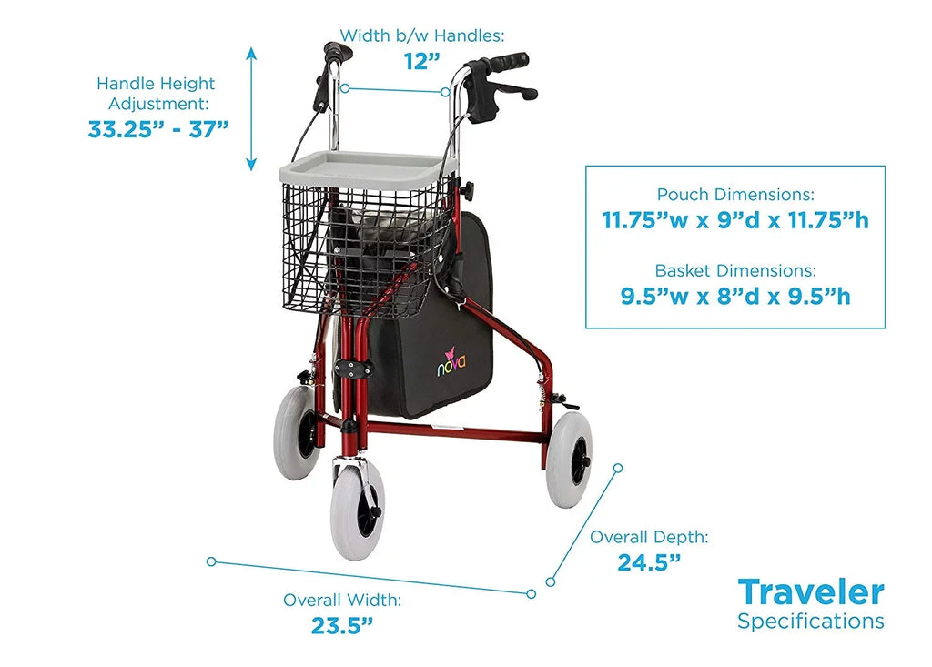 NOVA Traveler 3 Wheel Rollator Walker, All Terrain 8” Wheels, Includes Bag, Basket and Tray, Black