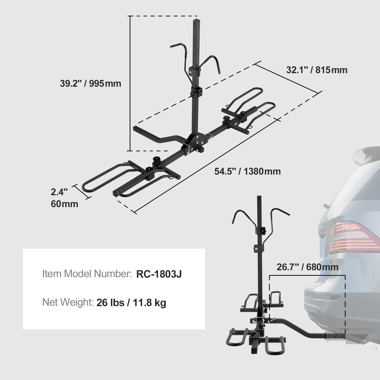 SizeKYSizeHALO Hitch Mount Folding Carrier Car Truck SizeUV 1.25"/2" Receiver 2-Bike Rack