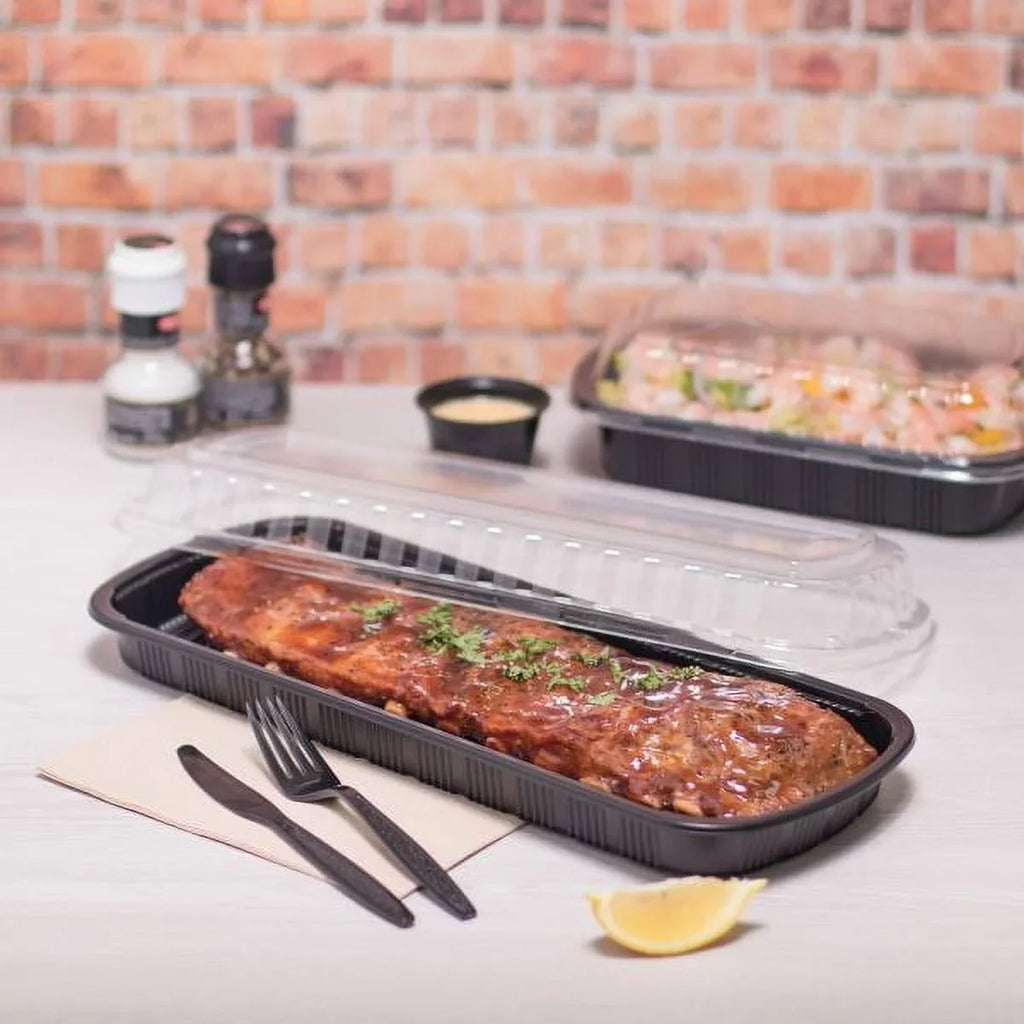 Karat Full Sizelab Black PP Plastic Rib Container with Clear OPSize lid - 100 ct