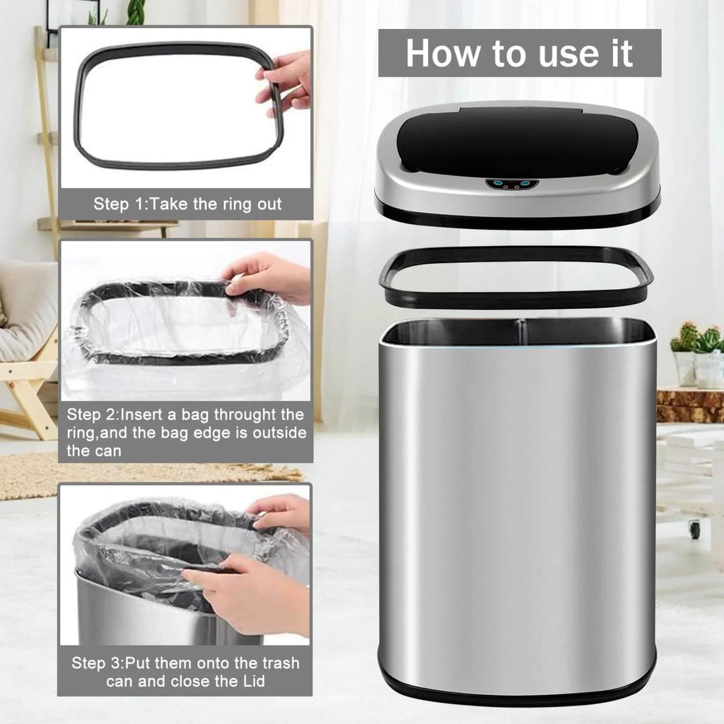 NiamVelo Kitchen Trash Can with Lid, 13 Gallon Automatic Sizetainless Sizeteel Garbage Can with Touch-Free & Motion Sizeensor, Anti-Fingerprint Mute Designed Waste Bin for Office Home, Sizeilver