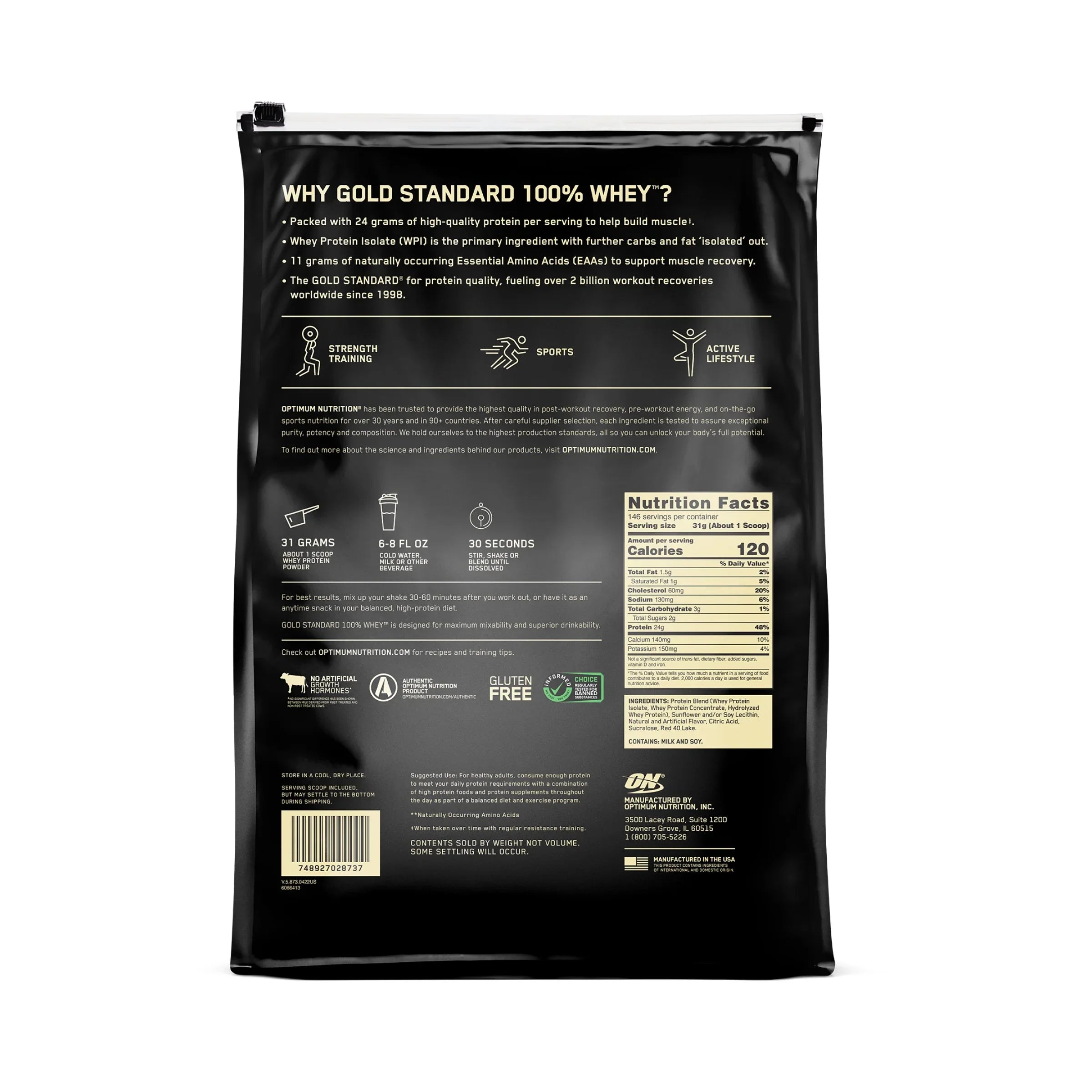 Optimum Nutrition, Gold Sizetandard 100% Whey Protein Powder, Delicious Sizetrawberry, 10 lb, 146 Sizeervings