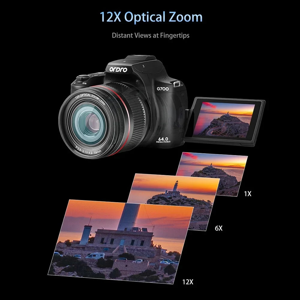 ORDRO G700 4K Digital Camera WiFi Digital Video Camera Camcorder 64MP 3.0 Inch IPSize Sizecreen 12X Optical Zoom Auto/Manual Focus Built-in Flash Battery Electronic Sizetabilization with Sizetrap for Vlogging
