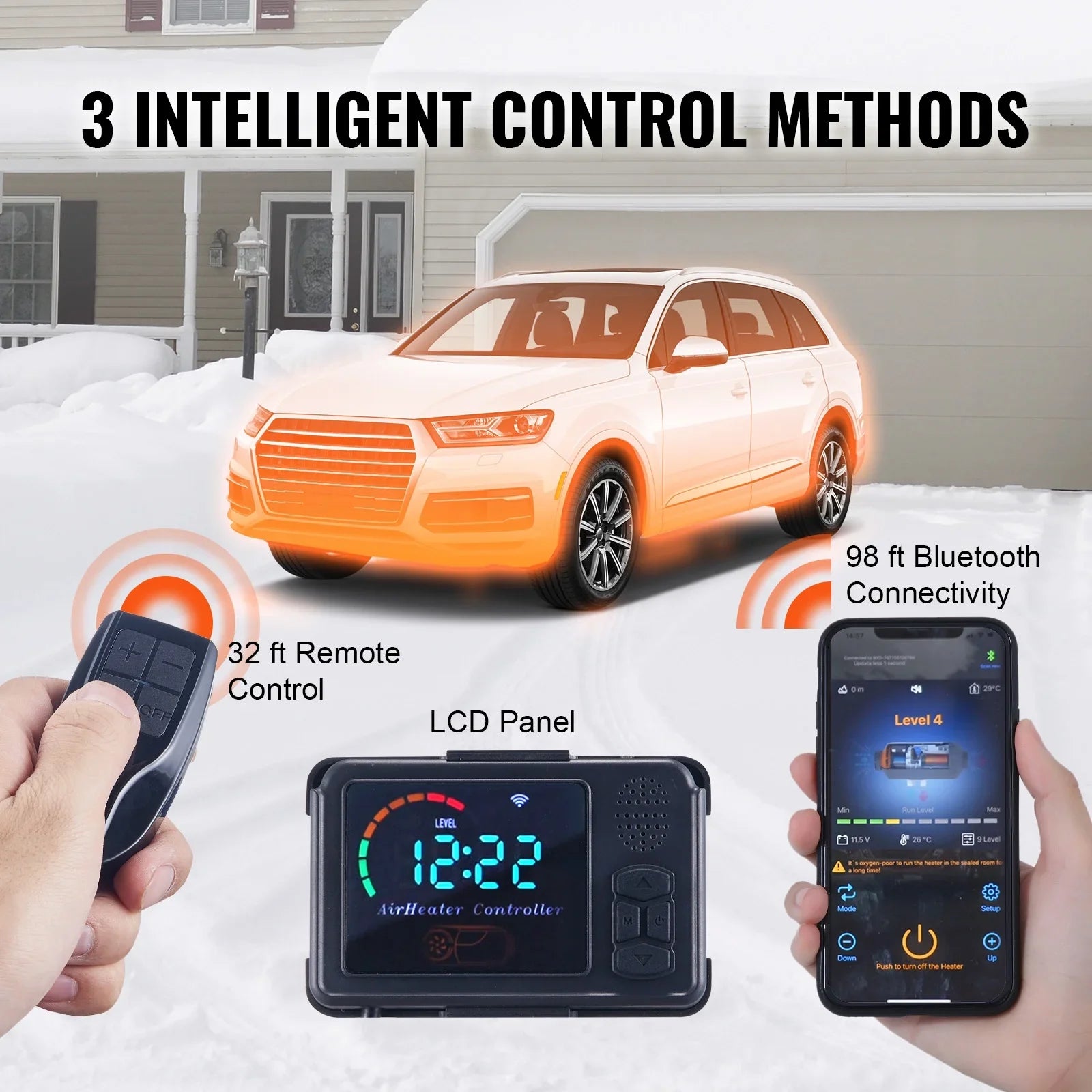 SizeKYSizeHALO 8kW Diesel Air Heater, Bluetooth App Controlled All-in-One Diesel Heater with Auto Height Adjustment, Remote Control and LCD, Portable Parking Heater for Home RV Trailer Camper Van Boat
