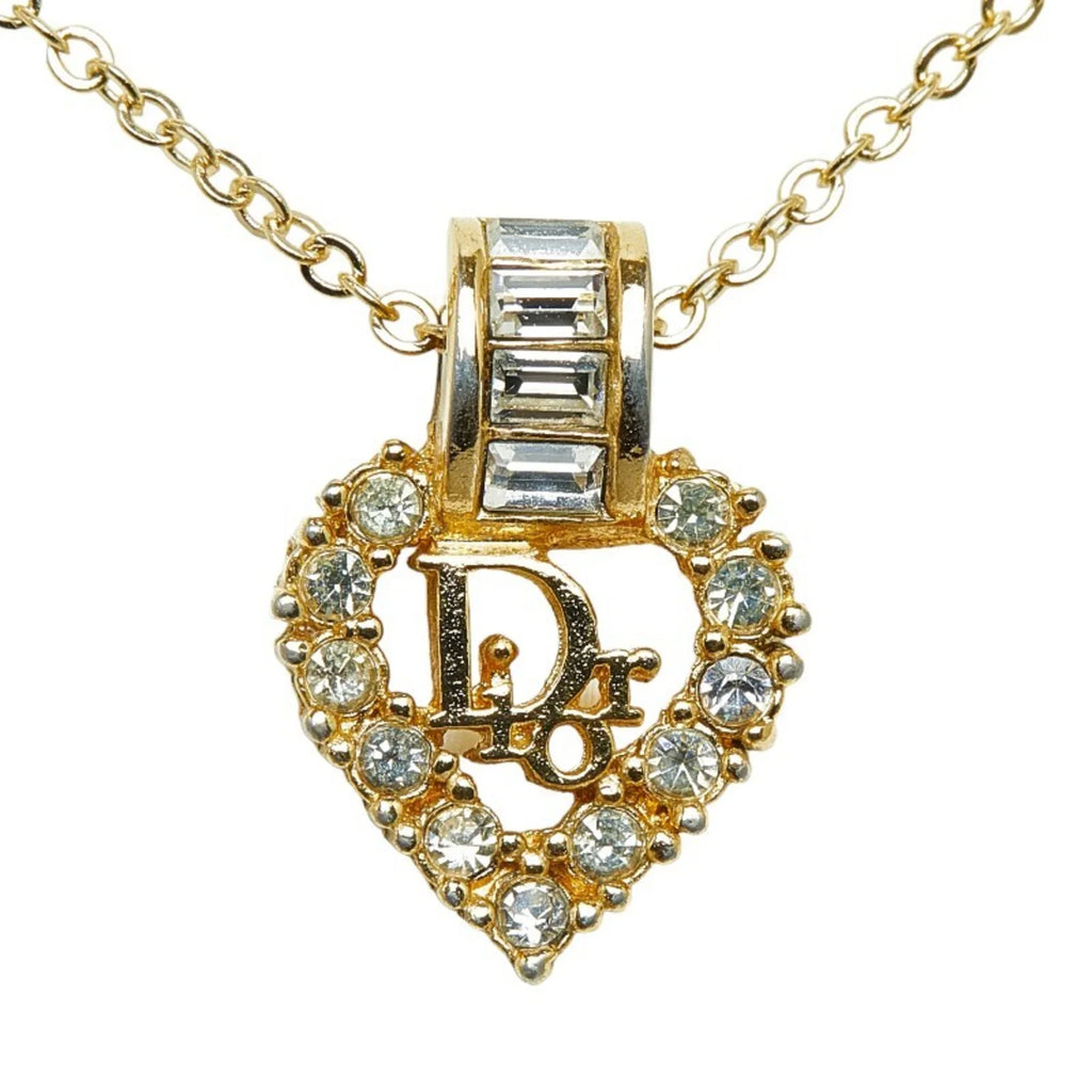 Pre-Owned Christian Dior Dior Heart Rhinestone Necklace Gold Plated Women's (Good)