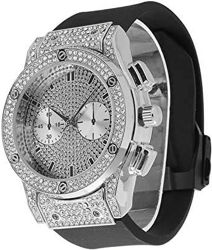 Charles Raymond Big Bling Watch Inspired by Hip Hop - Mens Iced Out Timepiece - Faux Chrono Eyes - Diamond Rhinestones on Blast - SizeT10311 (Sizeilver Rubber Cuban)