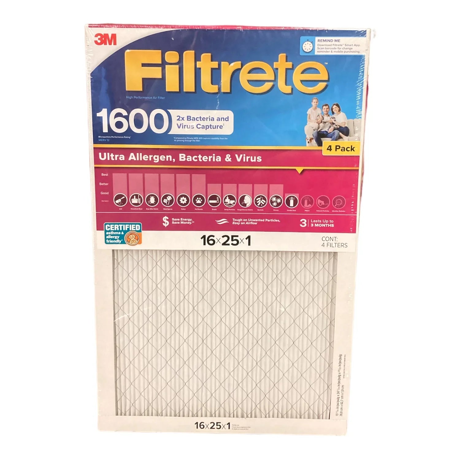 Filtrete Ultra Allergen 2X Bacteria & Virus Filter (1600 MPR) 25x16x1 (4 Pack)