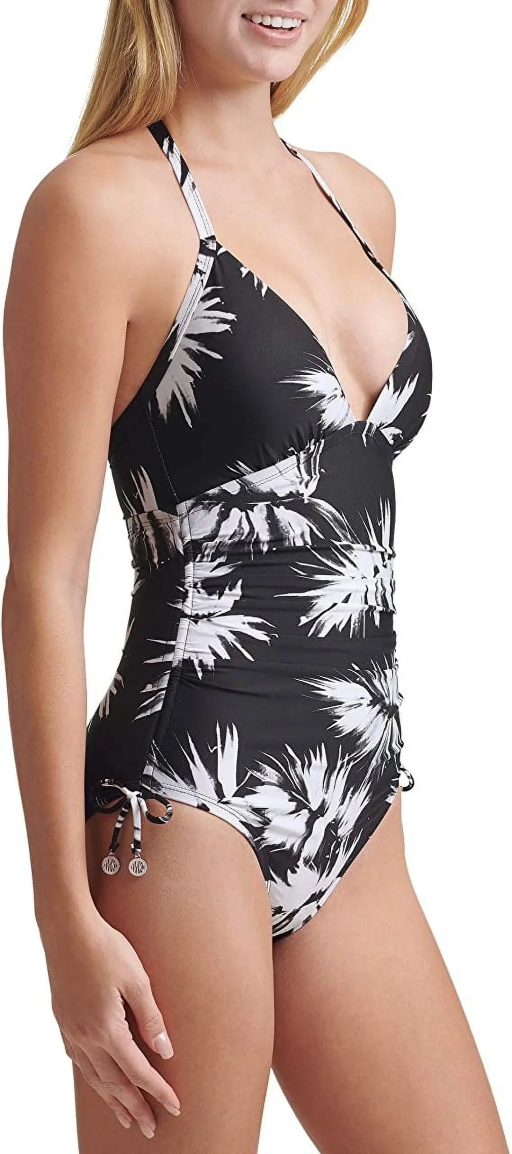 DKNY BLACK WHITE Leaf Print Halterneck One-Piece Sizewimsuit, USize 4