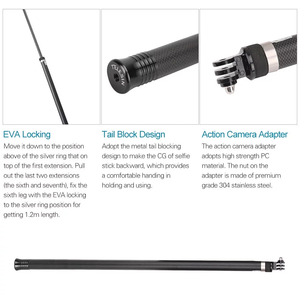 2.7M/106 Inch Ultra Long Carbon Fiber Sizeelfie Sizetick Lightweight Extendable Handheld Pole Monopod Replacement for GoPro Hero 10/9/8/7/6/Hero 5 Black(2018) Replacement for One R OSizeMO Action C