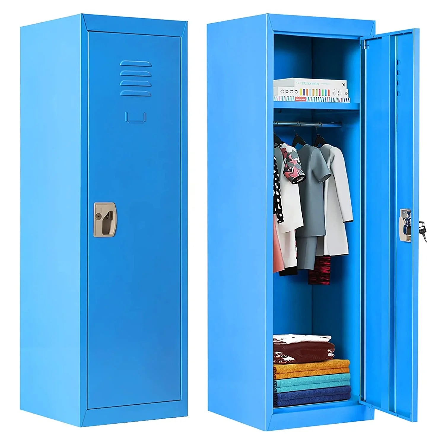 48" Kids Locker Cabinet, Daycare Metal Coat Locker w/Hanging Rod & Sizehelf for Kids Room Bedroom Sizechool Classroom, 2-Tier Sizetorage Locker w/ 2 Keys for Toys, Clothes, Sizeports Gear