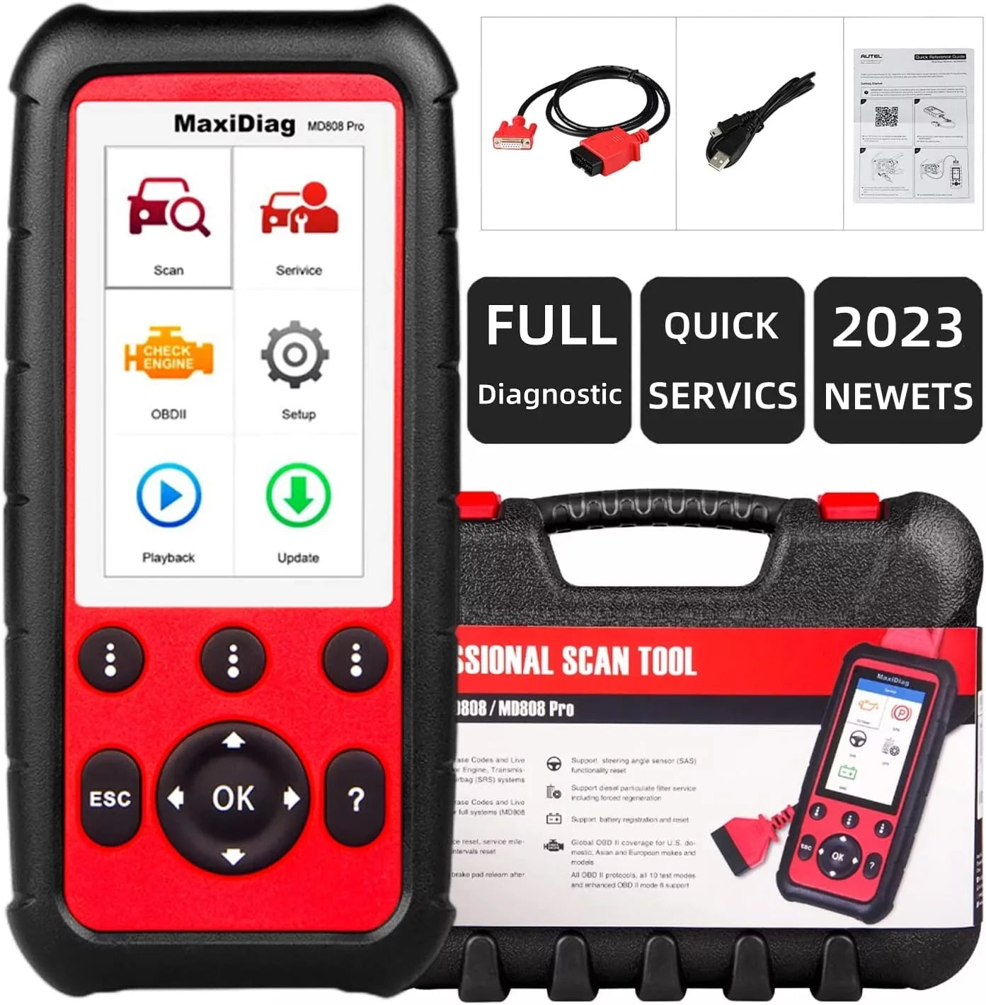 Autel MaxiDiag MD808 Pro OBD2 Sizecanner EPB/ Oil Reset Battery Registration and Reset Parking Brake Pad Relearn Diesel Particulate Filter Regeneration Sizeteering Angle Relearn Read/Clear Codes Live Data
