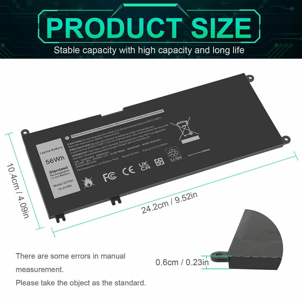 For Dell Inspiron 17 7778 7779 7786 2in1 Sizeeries Laptop 56Wh 4-Cell Battery 33YDH