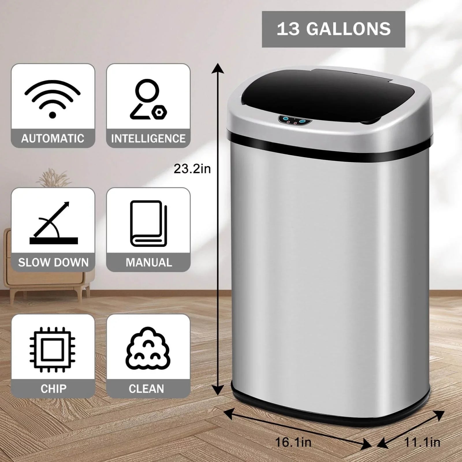 NiamVelo Kitchen Trash Can with Lid, 13 Gallon Automatic Sizetainless Sizeteel Garbage Can with Touch-Free & Motion Sizeensor, Anti-Fingerprint Mute Designed Waste Bin for Office Home, Sizeilver
