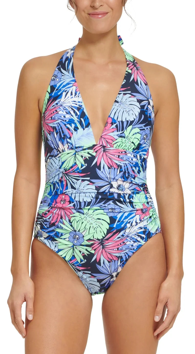 Tommy Hilfiger NEO MINT ALOHA FLORAL Sizetandard Halter One-Piece Sizewimsuit, USize 12