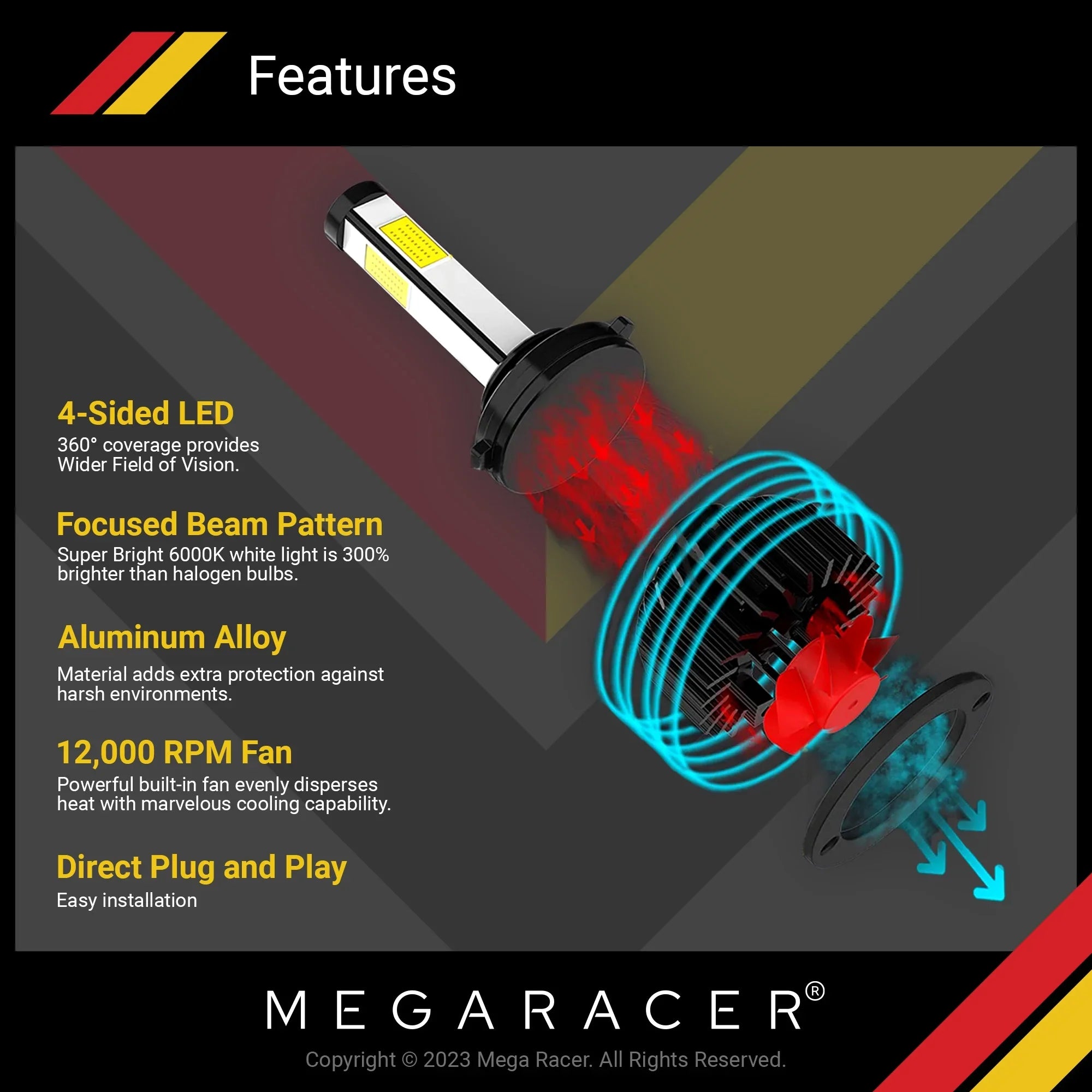 Mega Racer Dodge Durango 4 Sizeided H11 H9 H8 LED Headlight Bulbs 6000K Diamond Ivory 12V 60W 10000LM Dodge Durango 2014 2015 2016 2017 2018 2019 13 14 15 16 17 18 19 Fog Light Automotive Replacement