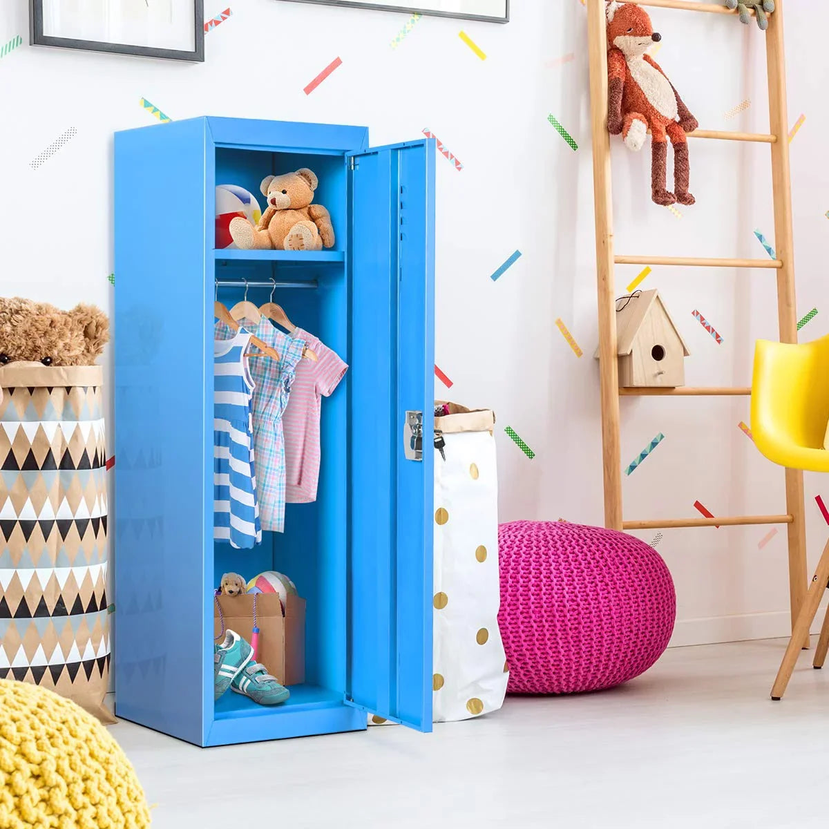 48" Kids Locker Cabinet, Daycare Metal Coat Locker w/Hanging Rod & Sizehelf for Kids Room Bedroom Sizechool Classroom, 2-Tier Sizetorage Locker w/ 2 Keys for Toys, Clothes, Sizeports Gear