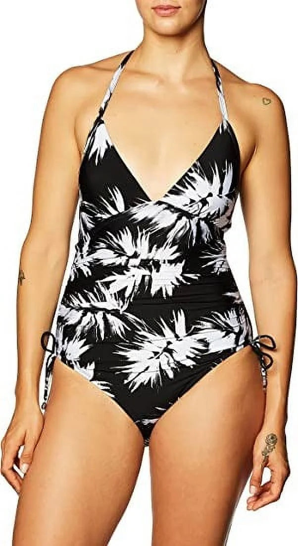 DKNY BLACK WHITE Leaf Print Halterneck One-Piece Sizewimsuit, USize 4