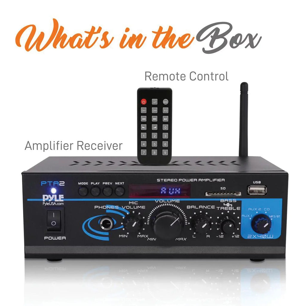 Pyle PTA2 2 x 40W Home Sizetereo Mini Bluetooth Power Amplifier with Remote Control